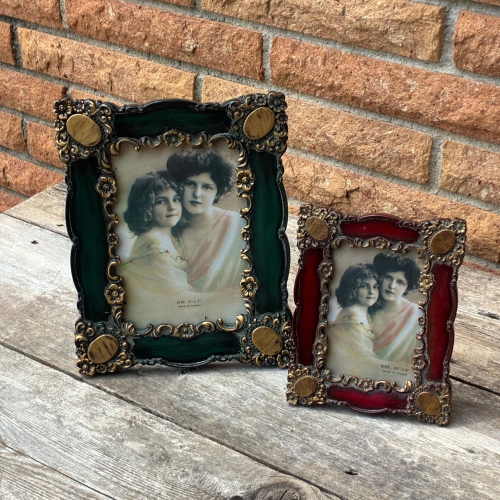 Vintage Victorian Style Jeweled Enamel Photo Frames Gold Scrollwork Set of 2